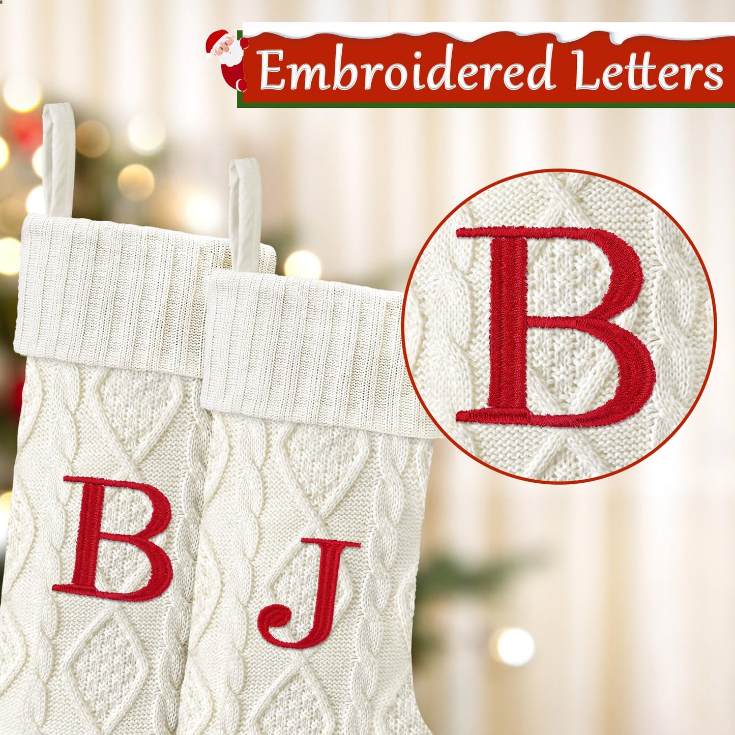 Yoochee 21 Inches Knitted Christmas Stockings with Initials, Large White Custom Monogram Embroidery Christmas Stockings with Letter, Personalized Xmas Decoration for Holiday Family Party-B