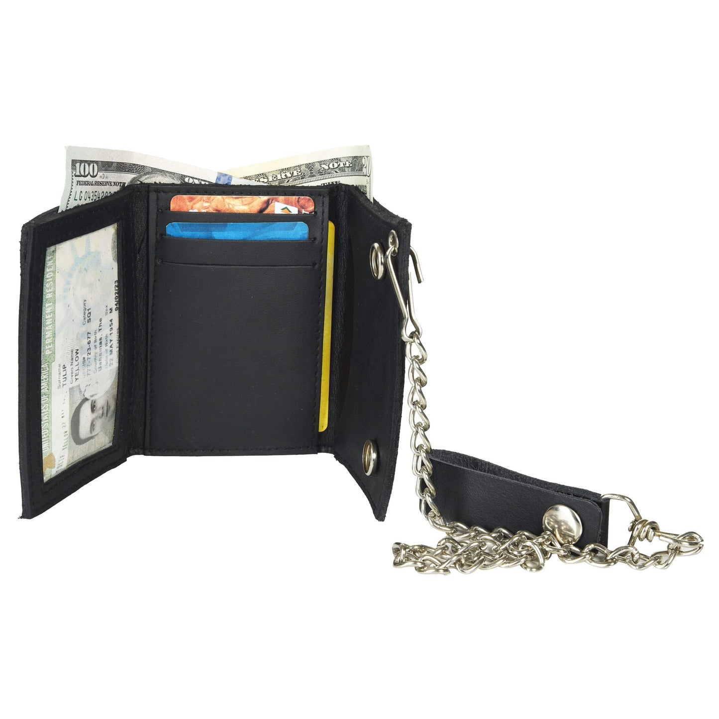 Leatherboss Genuine Leather Men Trifold Biker Chain Wallet Credit Card Holder for Motorcycle Bikers Truckers, Black