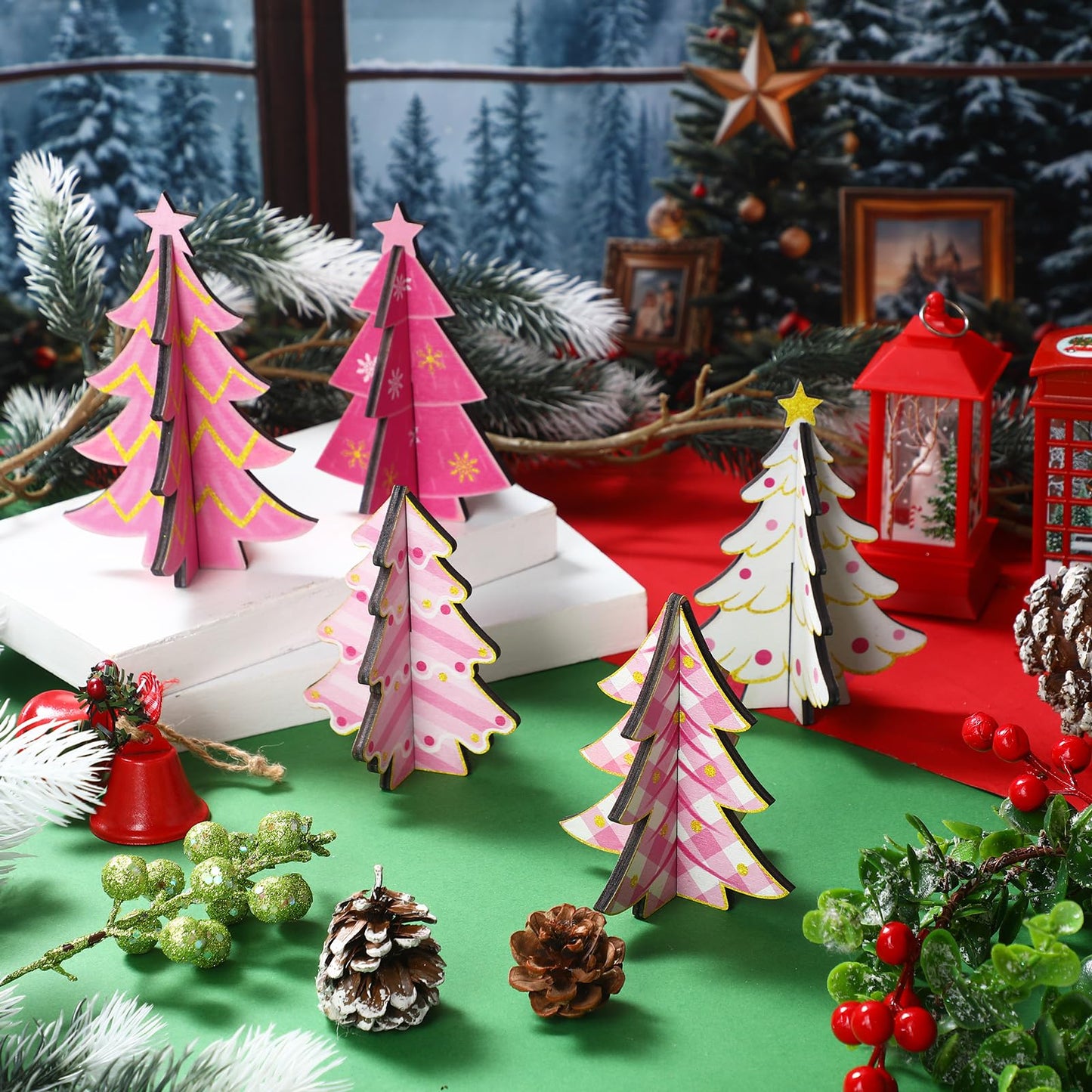 Bucherry 5 Pcs Pink Wooden Christmas Trees Tabletop Decorations Rustic 3D Christmas Trees Xmas Centerpieces Farmhouse Table Wooden Signs for Xmas Winter Farmhouse Home Tiered Tray Decor