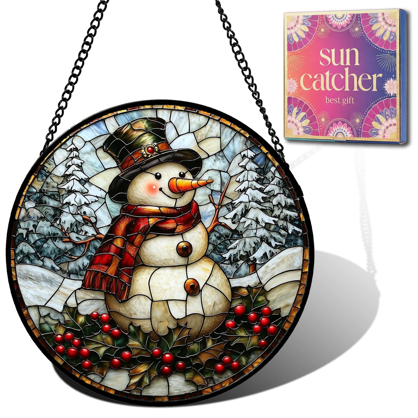 Birthday Gifts for Women - Christmas Snowman Faux Stained Glass Window Hanging Sun Catcher Mother's Day Stocking Stuffers Gift for Mom Nana Friend Grandma Wife and Door Garden Acrylic Decor 7.8"