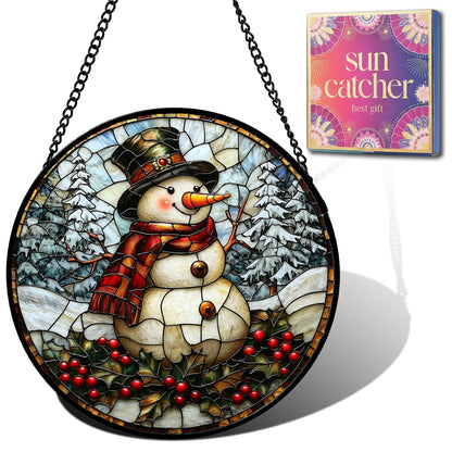 Birthday Gifts for Women - Christmas Snowman Faux Stained Glass Window Hanging Sun Catcher Mother's Day Stocking Stuffers Gift for Mom Nana Friend Grandma Wife and Door Garden Acrylic Decor 7.8"