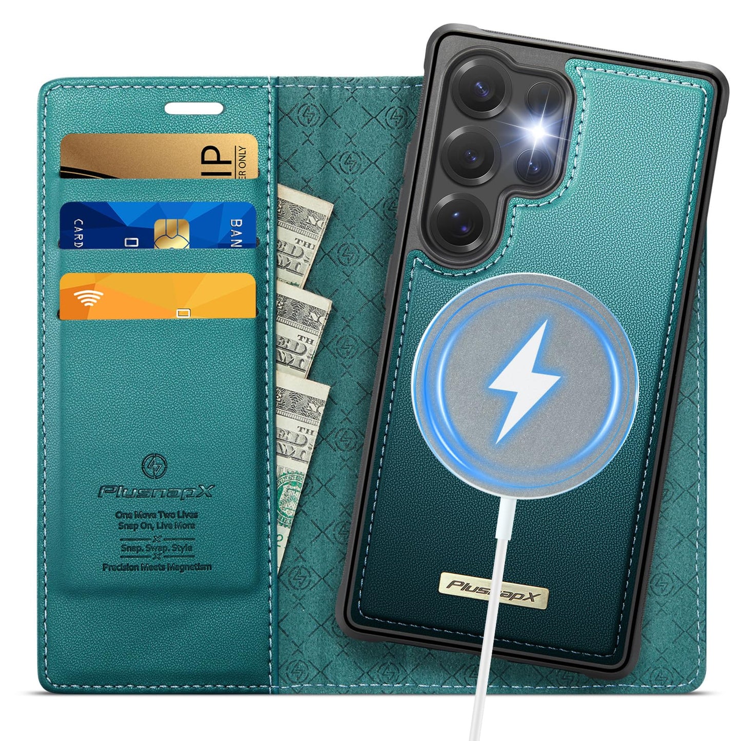 PlusnapX Wallet Case for Samsung Galaxy S24 Ultra Compatible with Magsafe, 2-in-1 PU Leather Flip RFID Blocking Card Holder Stand Shockproof Magnetic Detachable Cover for Galaxy S24 Ultra, Bluegreen