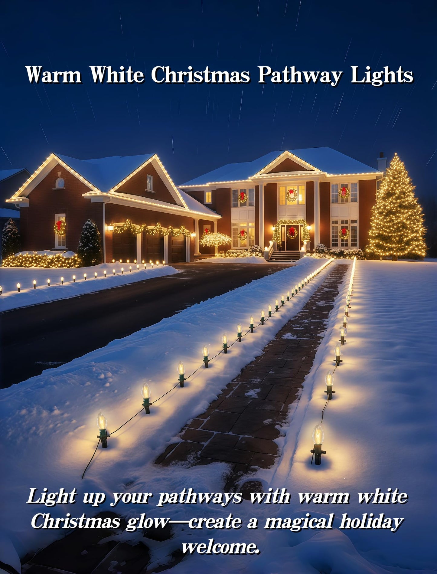 38FT C9 Christmas Pathway Lights Outdoor,25 Pack Warm White Connectable Weatherproof Christmas Walkway Lights with C9 Bulbs and Stakes for Driveway Yard Lawn Sidewalk Decorations