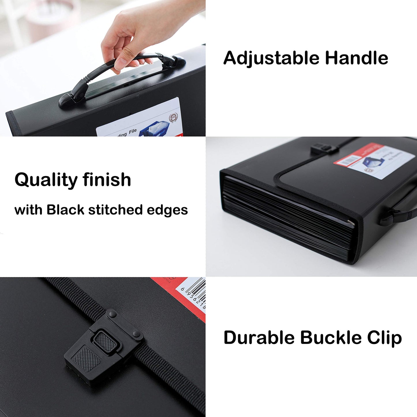 FANWU 26 Pockets Expanding File Accordion Folder with Handle - Letter A4 Paper Size - Expandable Large Plastic File Folder Wallet Monthly Portable Document Organizer with Flap & Buckle (Black)
