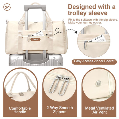 FIORETTO Womens Gym Tote Duffle Bag with Wet Pocket & Shoe Compartment, Sports Duffel Overnight Weekender Hospital Workout Carry on Bag for Girls, Ideal for Travel, Swimming, Dance, Ballet Beige