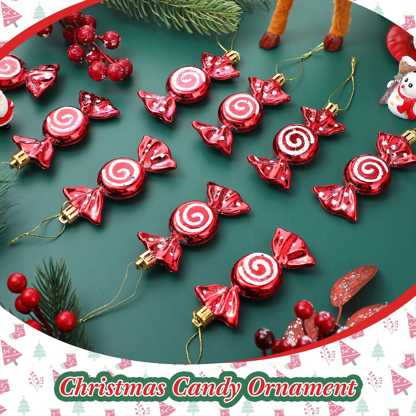 Threan 12 Pcs Christmas Candy Ornaments for Tree Decoration Hanging Glitter Candy Cane Christmas Peppermint Ornament with Golden Rope for Xmas Holiday Decoration(Red,Plastic)