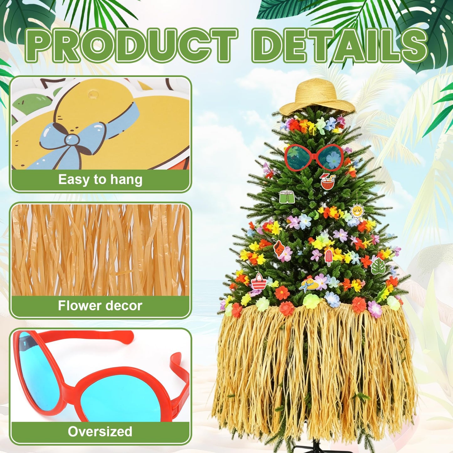 12Pcs Summer Christmas Tree Decorations Include Tassel Grass Skirt Oversized Sunglasses Beach Hat Flower Banner and Summer Tree Hanging Ornaments for Christmas in July Hawaiian Beach Party Supplies