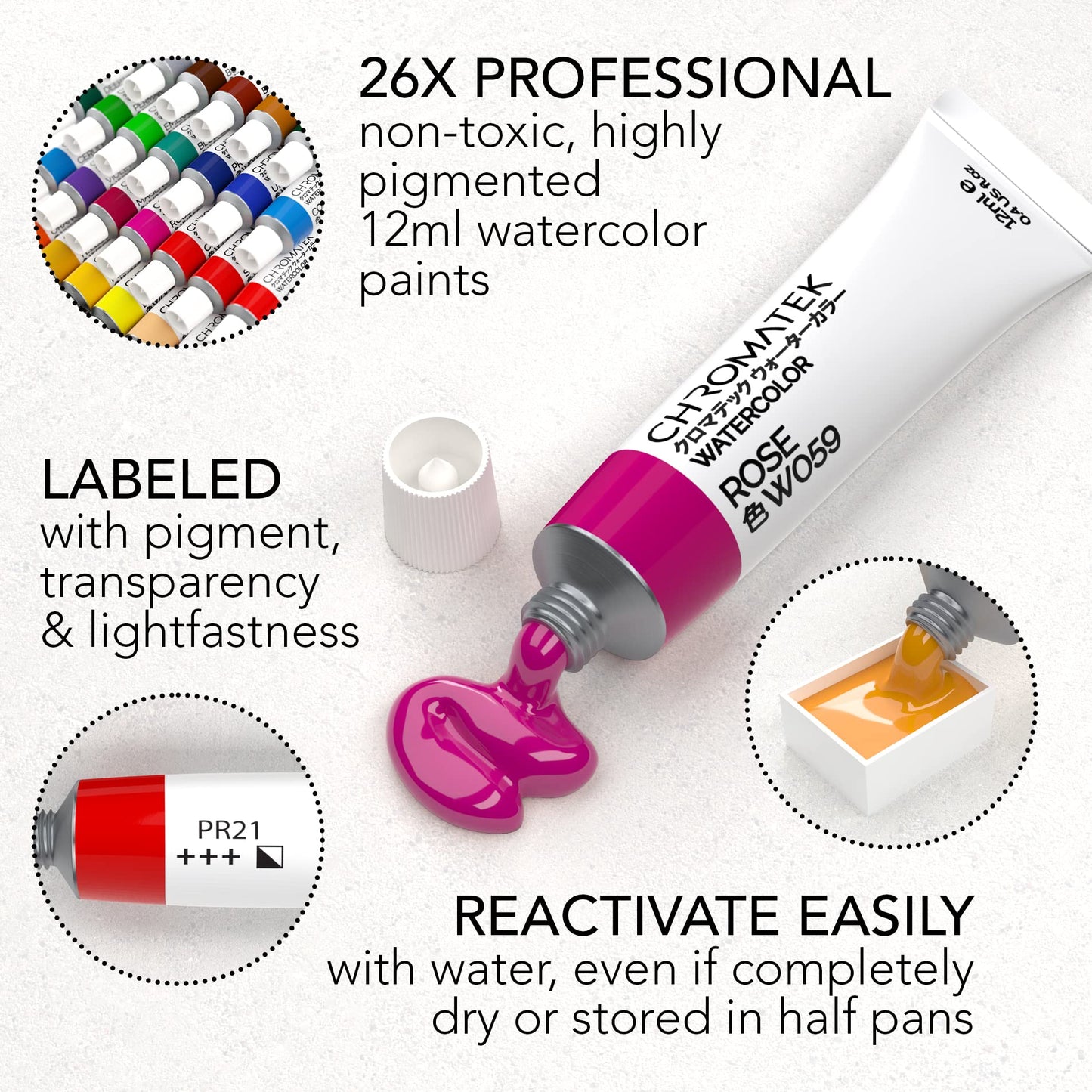 CHROMATEK Watercolor Paint Set - 62 Piece Kit for Adults, Beginner & Professional Artists - 26 Tubes (12ml), 25 Pages Sketch Pad, 8 Painting Brushes, Aquapen, Palette, Masking Tape - Art Supplies