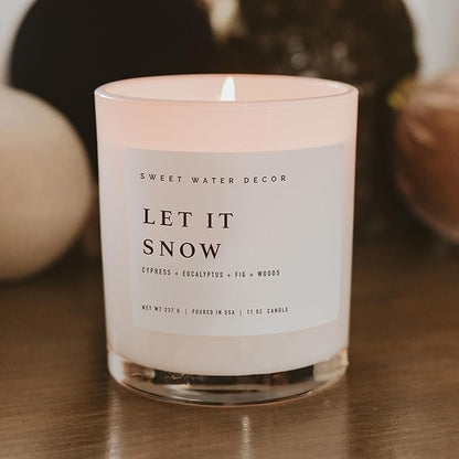 Sweet Water Decor Let it Snow Christmas Scented Candles - Christmas Stocking Stuffers Soy Candles with Cypress Scent - Christmas Candles with 50 Hours Burn Time - 11Oz Wood Lid White Jar Wax Candles