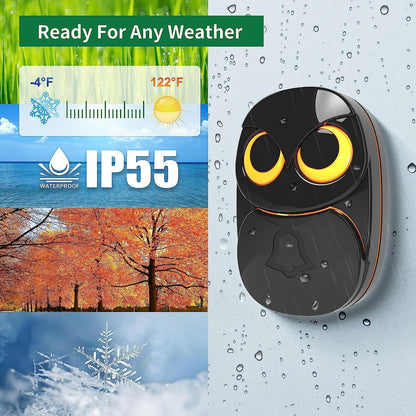 Wireless Doorbell, Cute Owl Doorbell Weatherproof IP55 Outdoor Remote Push Button- 1000 Feet Long Wireless Range, 1 Receiver + 1 Transmitter, Black