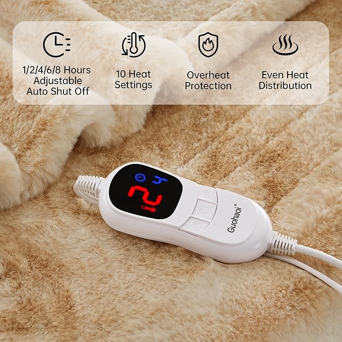Guohaoi Heated Blanket Electric Throw, Soft Faux Rabbit Fur Electric Blanket with 10 Heating Levels 5 Sitting Timer Auto Off, Cozy Warm Heating Blankets, Machine Washable(84"×90" Beige)
