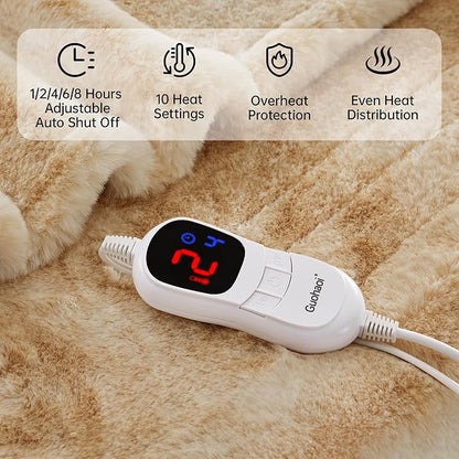 Guohaoi Heated Blanket Electric Throw, Soft Faux Rabbit Fur Electric Blanket with 10 Heating Levels 5 Sitting Timer Auto Off, Cozy Warm Heating Blankets, Machine Washable(84"×90" Beige)