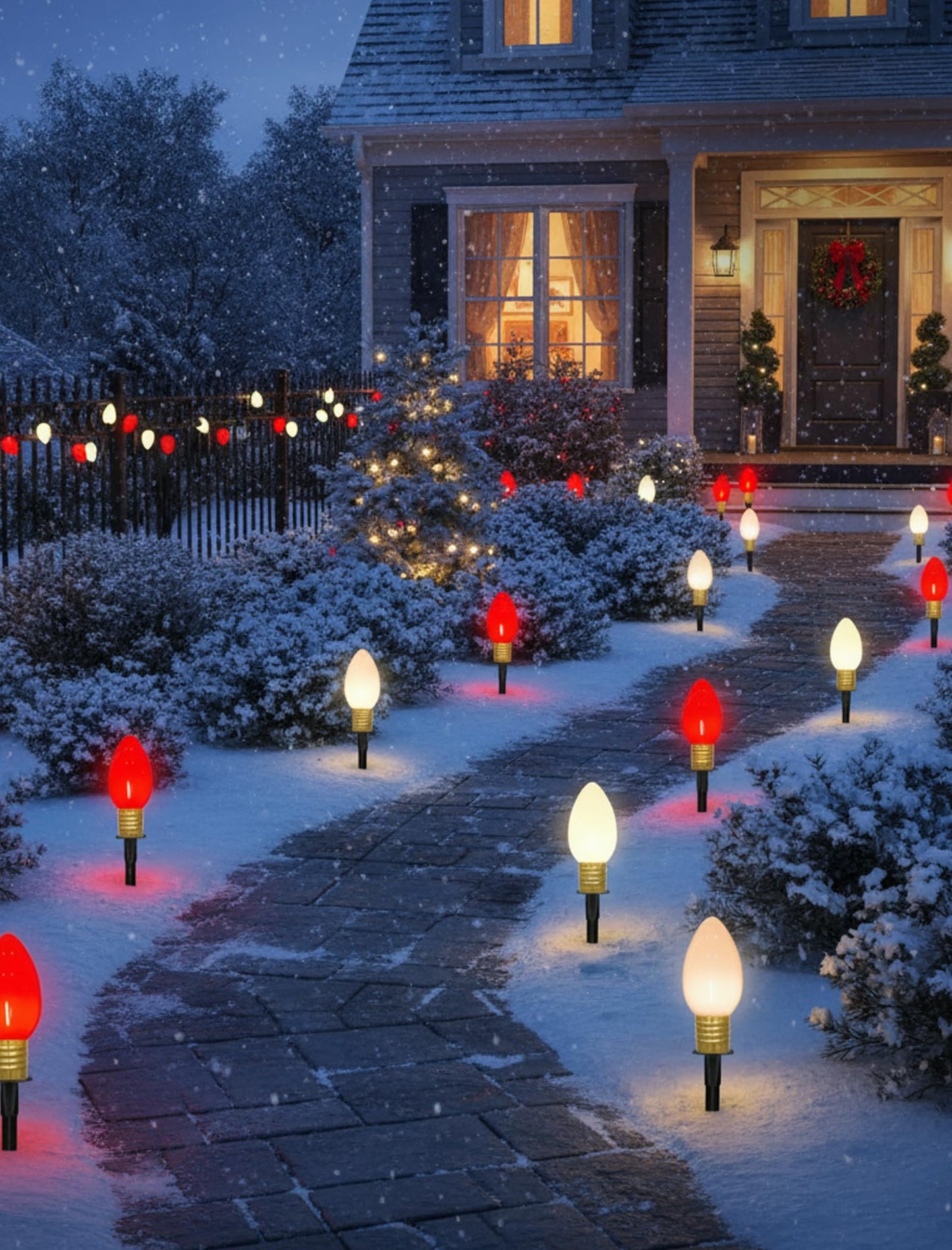 2 Pack Jumbo C9 Christmas Pathway Lights, 14FT Red & White LED Outdoor Path Lights, Waterproof Connectable Giant C9 Pathway Markers for Yard, Garden, Walkway, Christmas Decorations