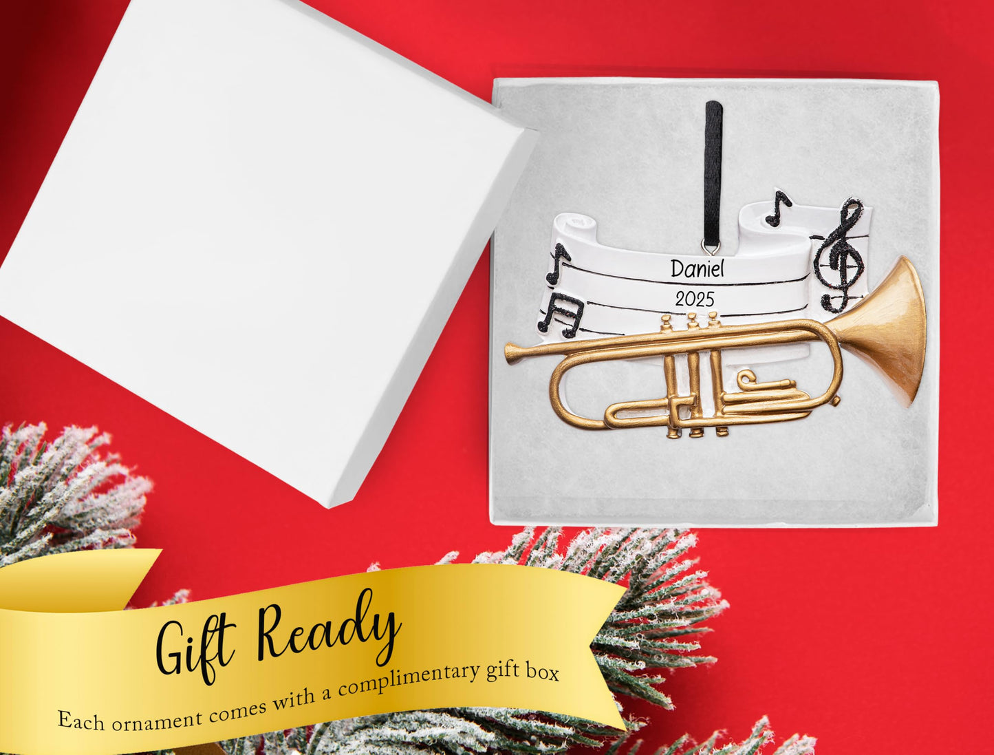 UniqXmas Personalized Trumpet Christmas Ornament 2026 | Musical Brass Instrument with Music Notes Xmas Tree Decoration - Unique Marching Band Trumpet Player Keepsake Gift | Custom Name & Year