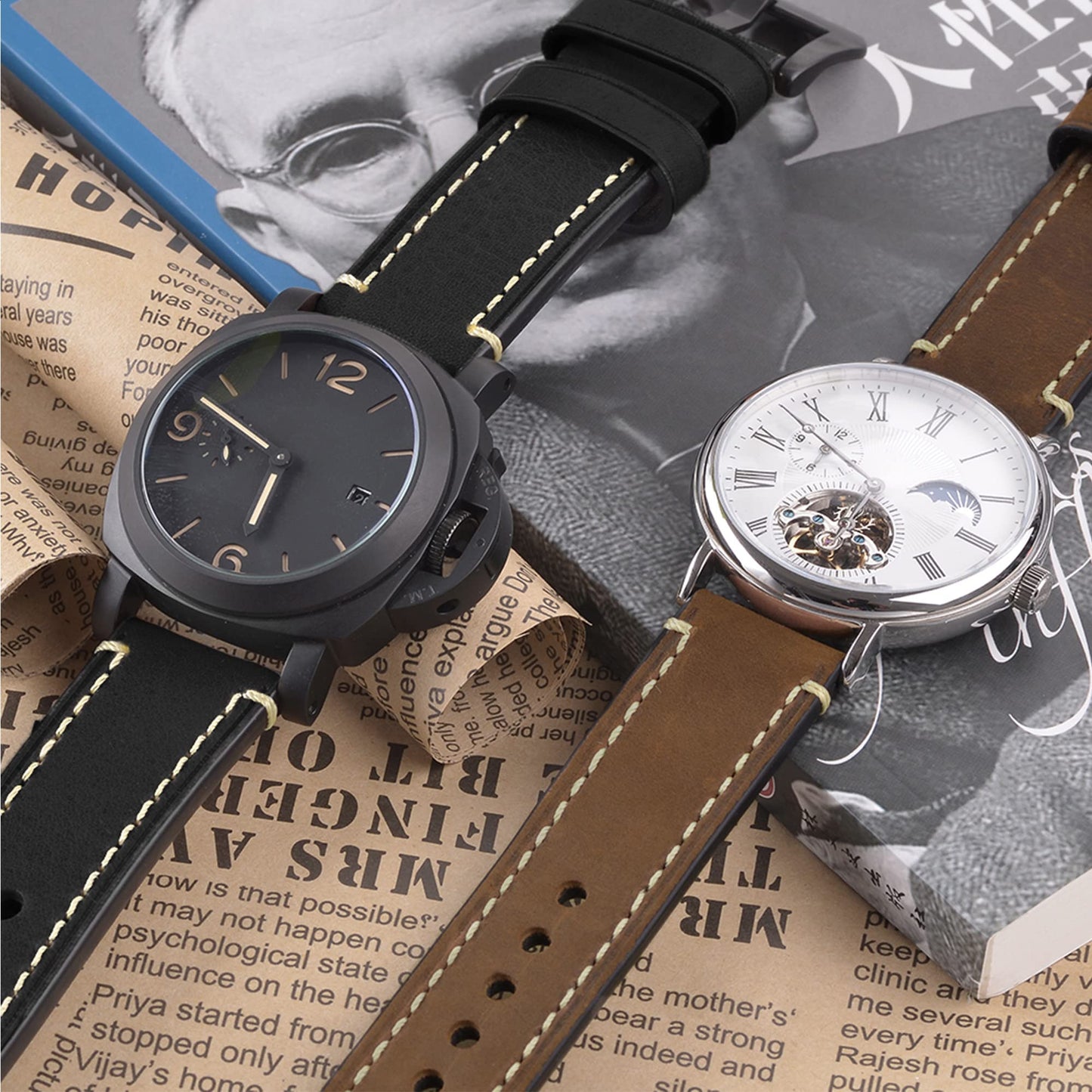 EACHE Leather Watch Bands for Men, Handmade Genuine Leather Watch Straps Vintage Design Classical Thick Watch Bands 22mm Dark Brown with Black Buckle