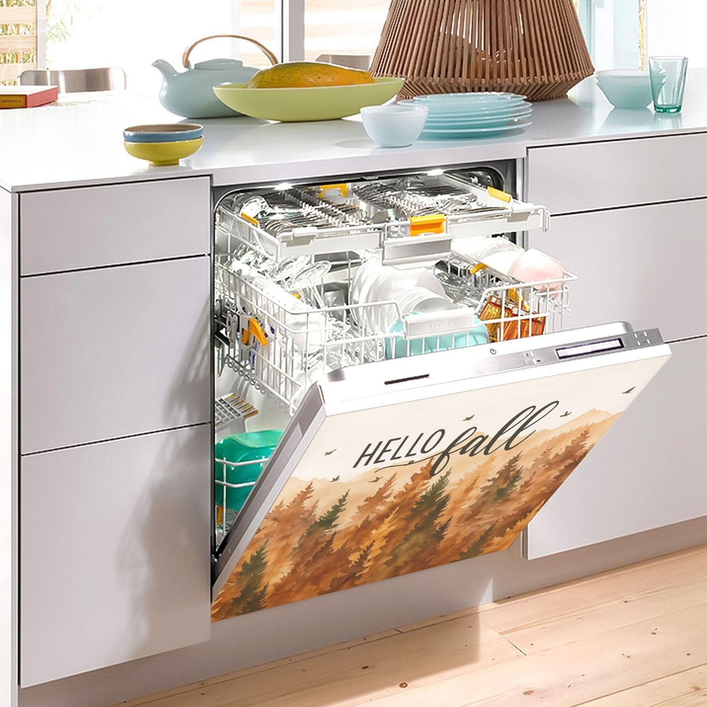 Hello Fall Forest Dishwasher Stickers Magnetic Cover Autumn Scenery Pine Tree Kitchen Fridge Magnet Covers Decals Home Decorations Vinyl Sticker Reusable 23W x 26H inches