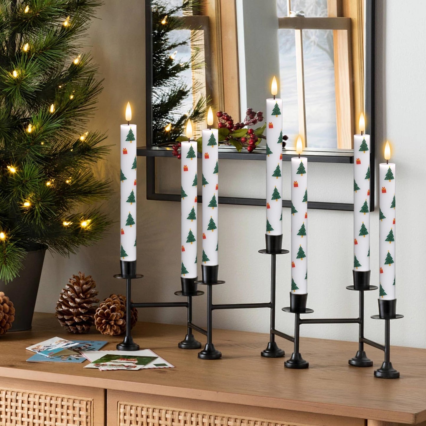 GenSwin Christmas Flameless Taper Candles, 4 Pack Christmas Tree Candles with Remote Timer, Real Wax Flickering LED Flameless Candlesticks Battery Operated with Decals for Home Decor(0.75” x 9.65”)