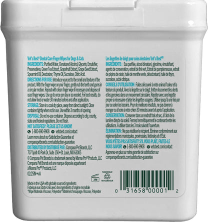 Vet's Best Finger Dental Wipes for Dogs and Cats – Oral Care Wipes for Teeth Cleaning, Fresh Breath, and Tartar Control – Gentle Finger Pads for Pet Dental Hygiene and Plaque Removal – 50 Count
