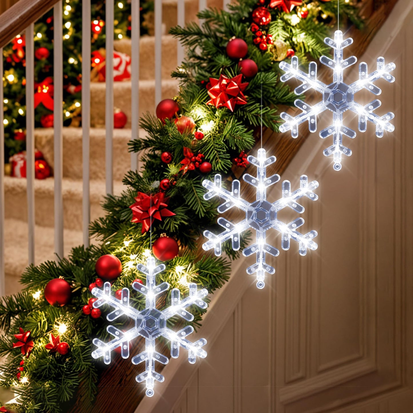 [Timer] Christmas Window Decorations, 3 Pack Snowflake Christmas Window Lights with Suction Cup, Hanging LED Battery Operated Xmas Lights Indoor Outdoor Xmas Tree Fireplace Home Party Decor - While
