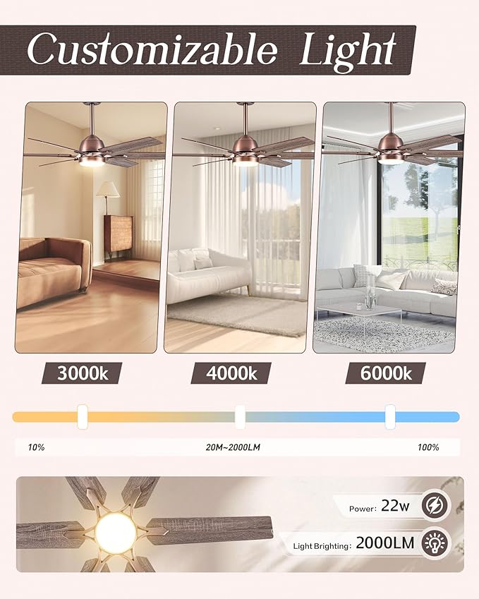 52" Oil Rubbed Bronze Smart Ceiling Fan with Light via WiFi Alexa,6-Speeds Quiet DC Motor,Dimmable,Outdoor Antique Bronze Large Ceiling Fan for Living Room,Bedroom,Dual Finish 6 Blades