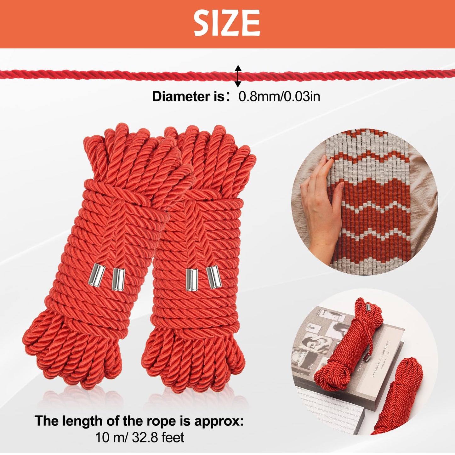 Coldairsoap Soft Silk Rope, Skin Friendly Twisted Trim Cord Rope (Red, 32ft)