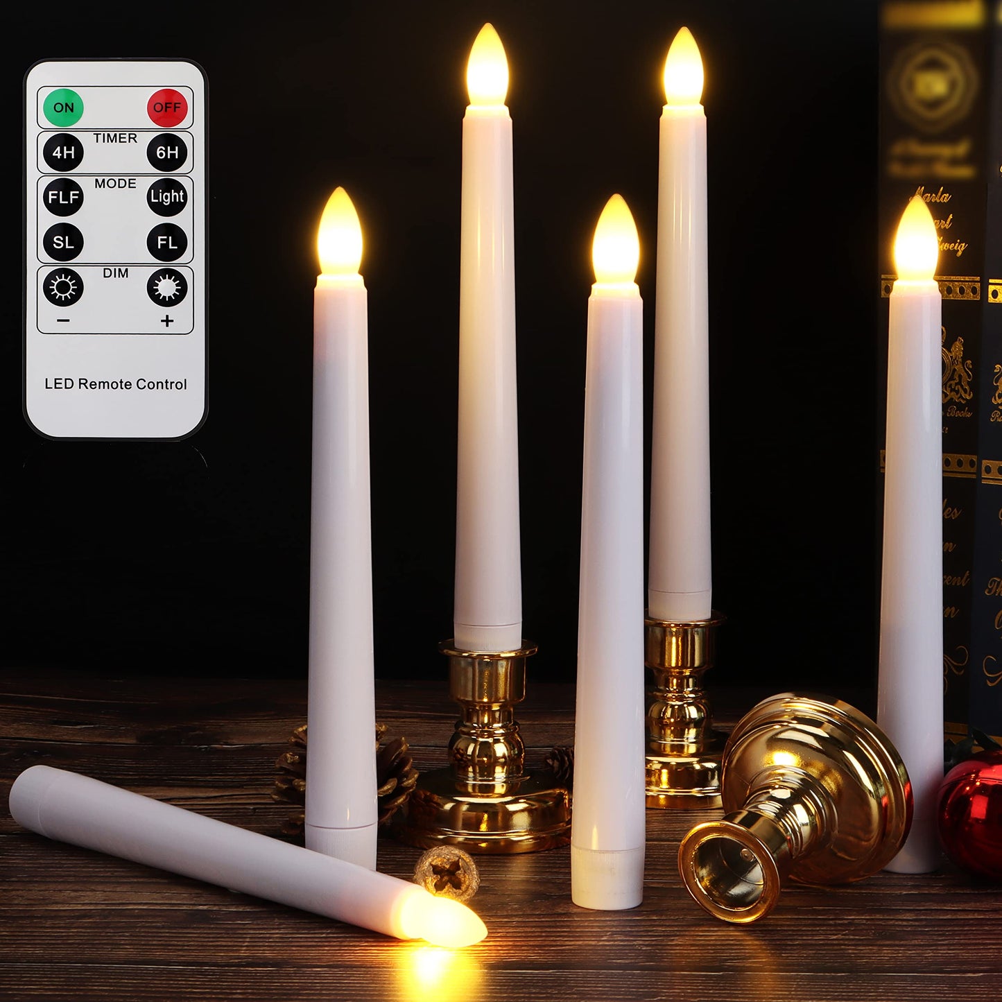FREEPOWER Flameless Window Candles with Gold Bases, Battery Operated Taper Candle with 4H/6H Daily Timer, Remote Window Candle with Unique Flame