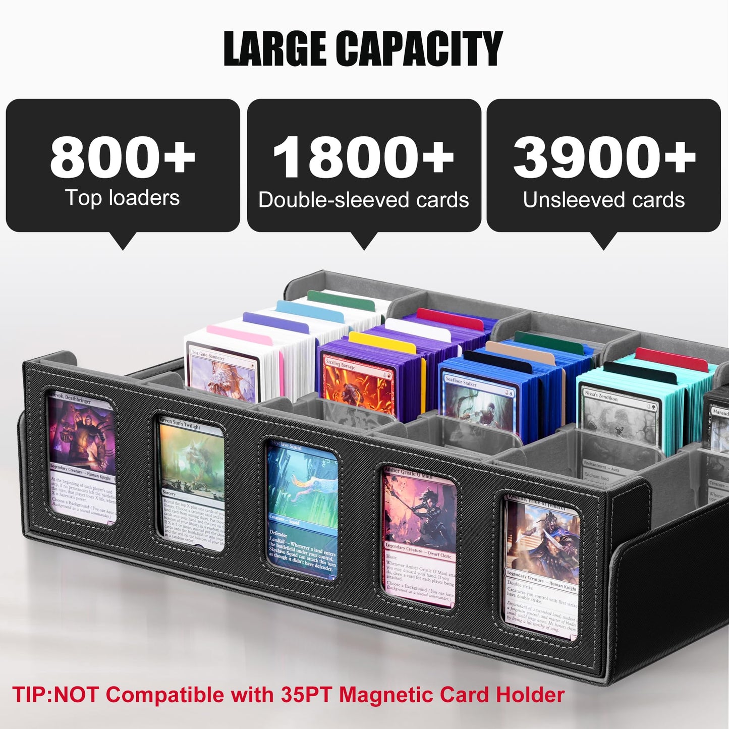 Kabinka Trading Card Storage Box with Commander Display, 5-Row Deck Case with Removable Lid; 3900+ Card Organizer for MTG TCG PTCG Sports Card, Top Loaders Storage Box (Black)