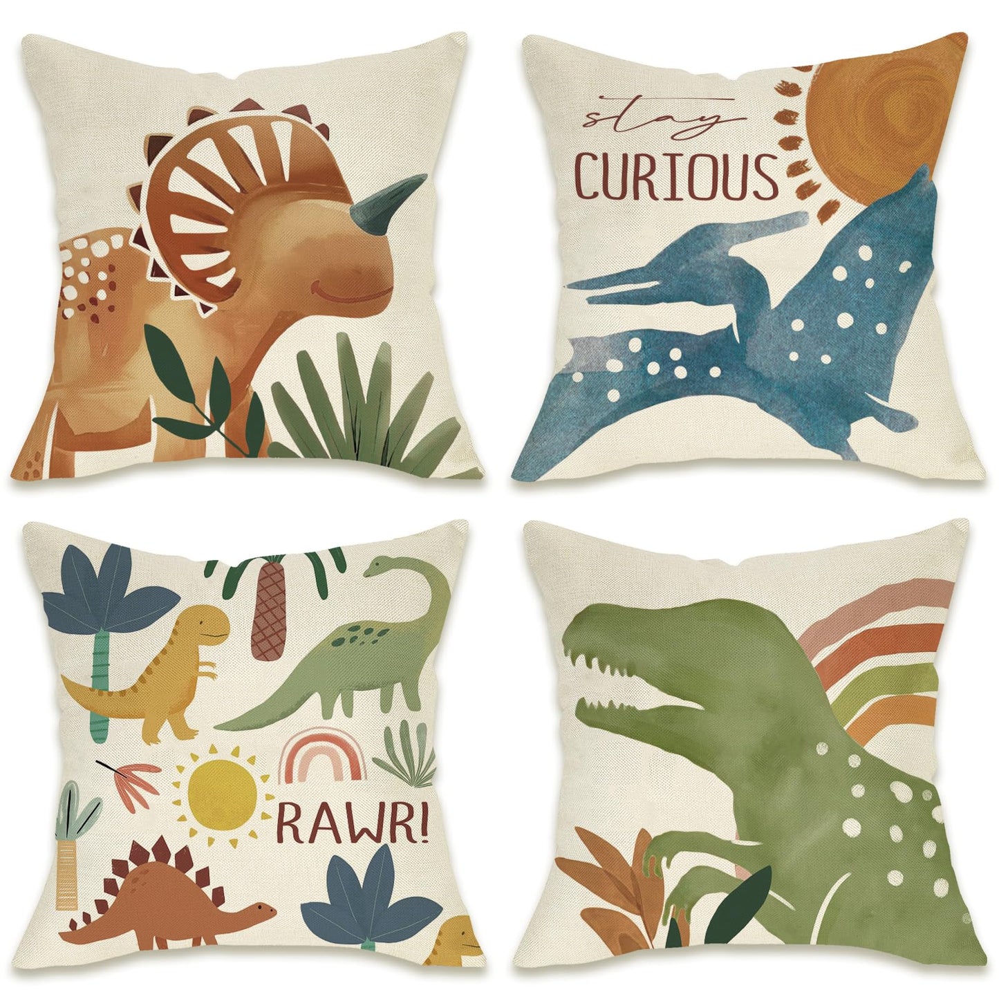 Fahrendom Boho Dinosaur Rawr Decorative Throw Pillow Covers 18 x 18 Set of 4, Bohemian Dino Stay Curious Porch Patio Outdoor Pillowcase, Sun Rainbow Plant Sofa Couch Cushion Case Home Decor