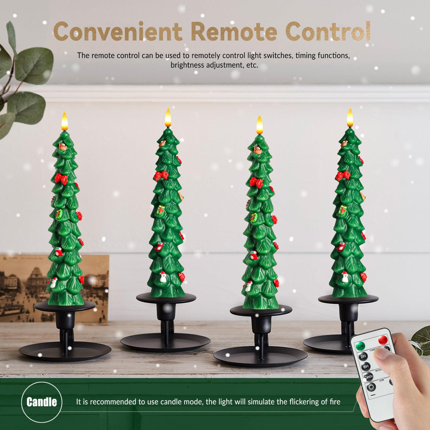 4Pcs Christmas Tree Flameless Taper Candles with Remote and Timer,LED Candles Battery Operated with Mini Ornaments,9.5" Real Wax Window Candlesticks with Flickering 3D Flame for Christmas Decoration
