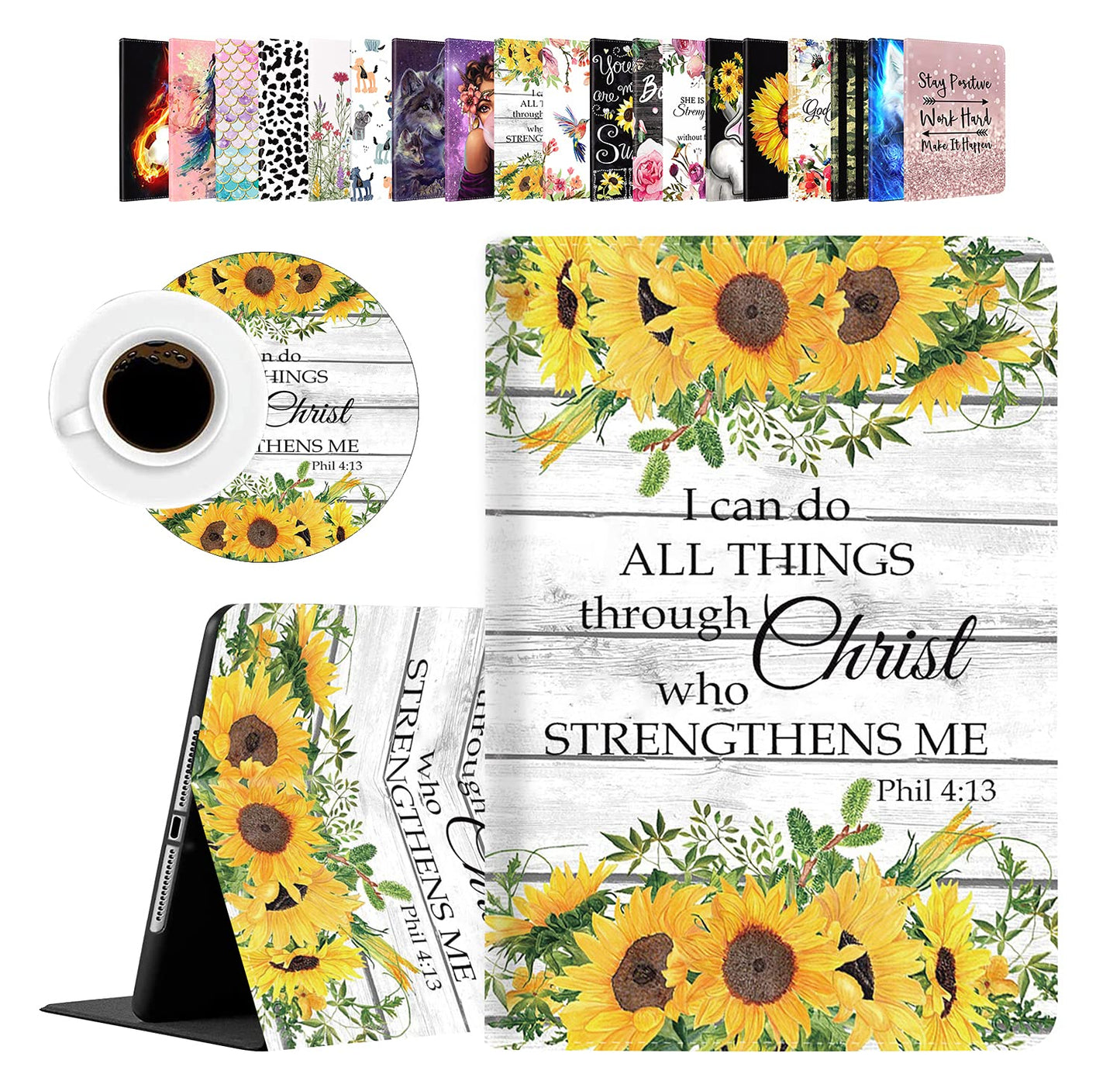 Philippians 4:13 Christian Quotes Bible Scripture Inspirational Floral iPad 9.7 Case, iPad Air Case with Coasters Set
