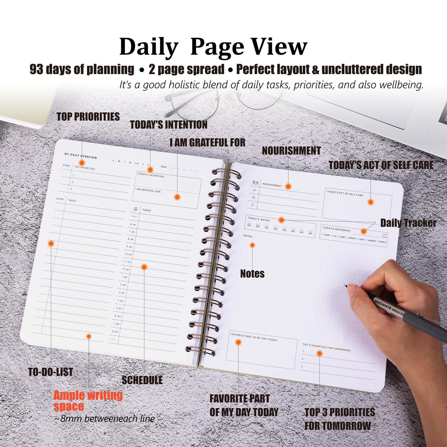 Daily Productivity Planner with Monthly View - Large 93 Day Dashboard Desk Notepad for Time Management, Mindfulness, Self Care, Goal Setting, To Do List-Hard Cover Wire-bound