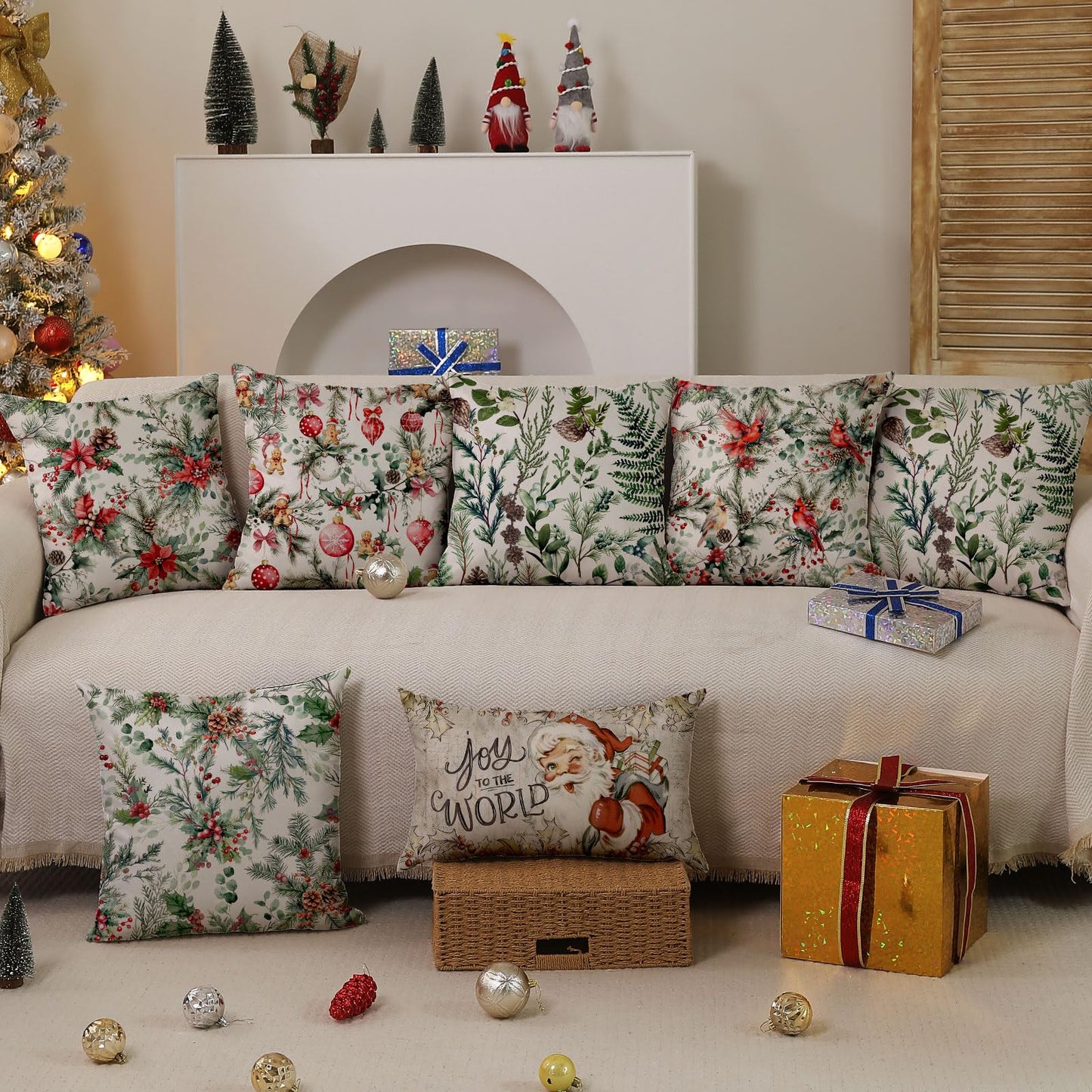 DFXSZ Christmas Pillow Covers 18x18 Inch Set of 2 Pine Branches with Pine Cones Xmas Balls Decorative White Throw Pillows Winter Christmas Decor for Home Couch ST025A18
