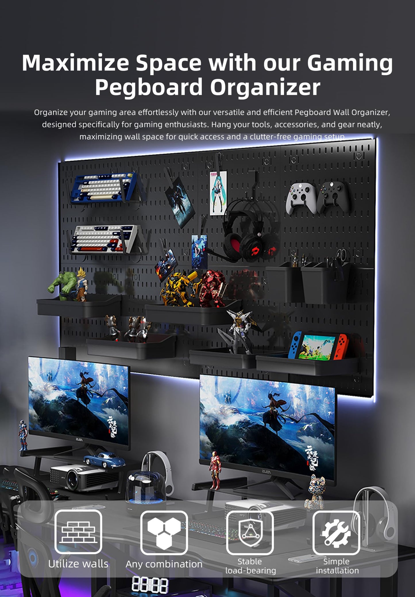 EVDBOBO Wall Organizer Peg Board - Elevate And Declutter Your Gaming And Office - Create A Perfectly Structured Space(Black)