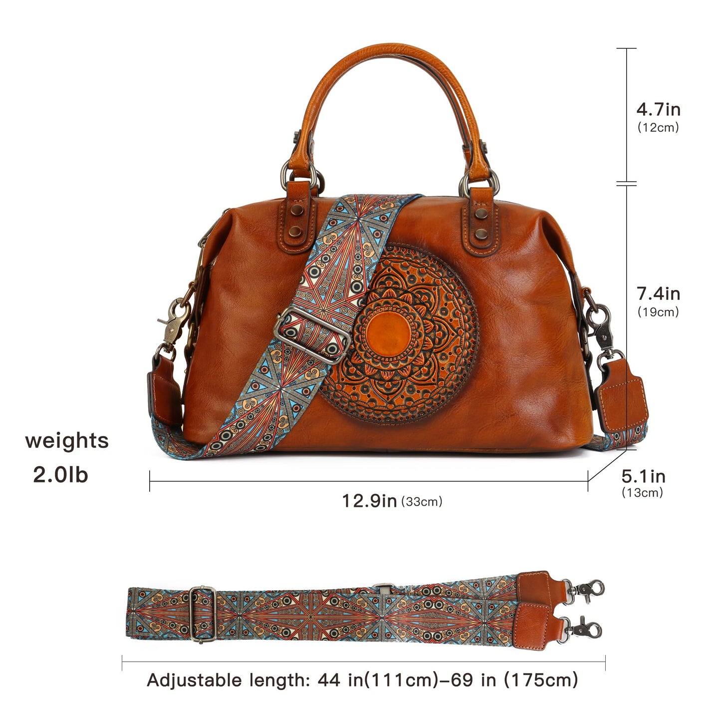 Genuine Leather Women's Handbags Travel Small Purses Top Handle Barrel Satchel Shoulder Hand Bags leather crossbody bags for Women Retro Totem Tote Bag Brown