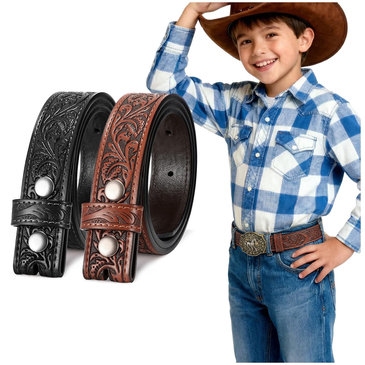SANSTHS Kids Western Belt without Buckle Genuine Leather Boys Girls Belt Strap Cowgirl Cowboy Belts for Jeans Western Gifts, Embossed Leaf/Black Coffee
