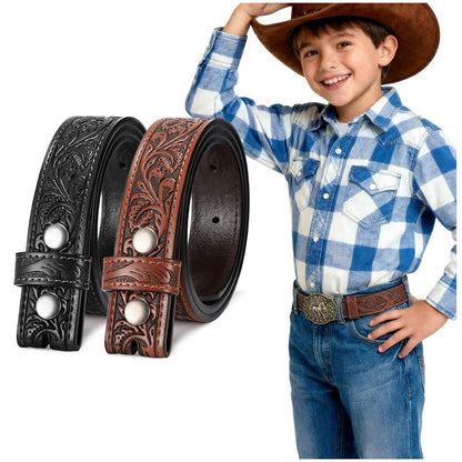 SANSTHS Kids Western Belt without Buckle Genuine Leather Boys Girls Belt Strap Cowgirl Cowboy Belts for Jeans Western Gifts, Embossed Leaf/Black Coffee