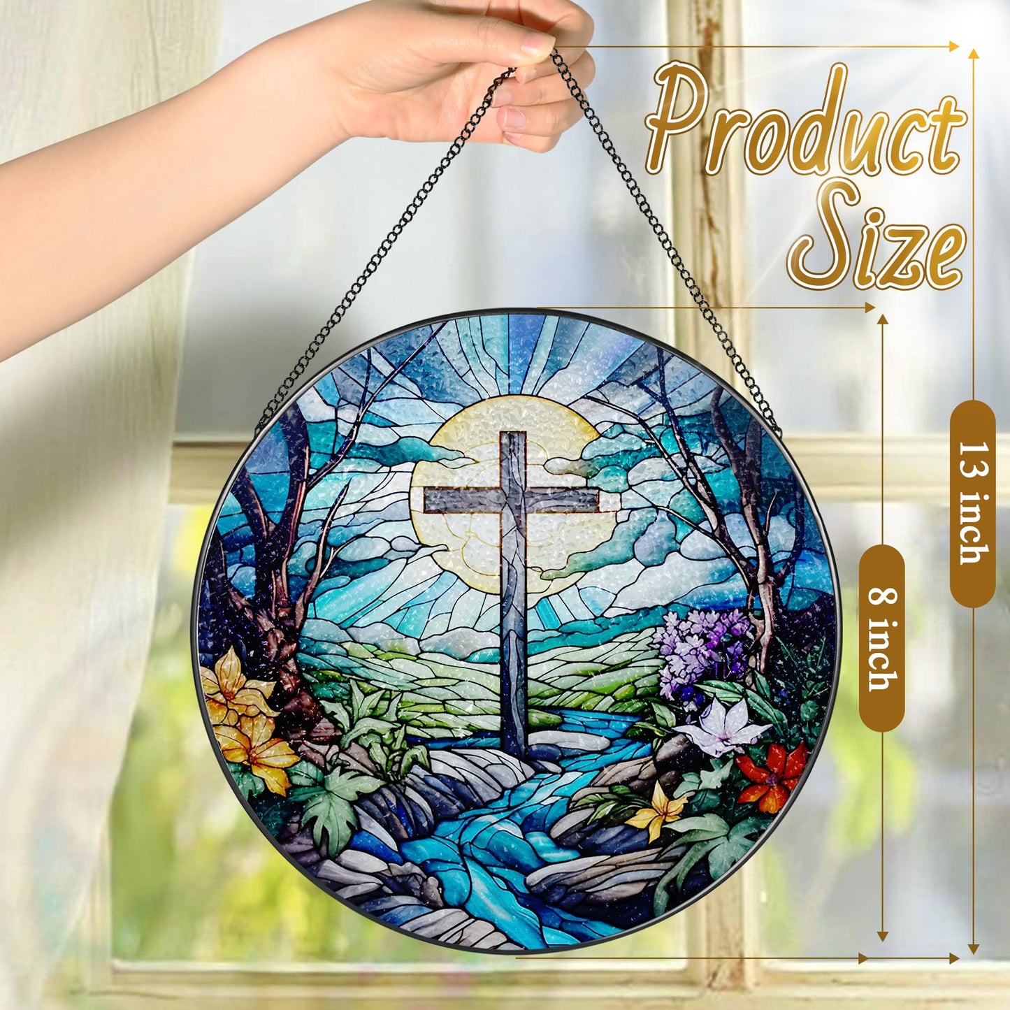 8 Inch Cross Stained Glass Suncatcher - Stained Glass Window Hanging, Sun Catchers Indoor Window, Christian Decor, Window Decor Hanging | Christian Gifts, Religious Gifts, Baptism Gift