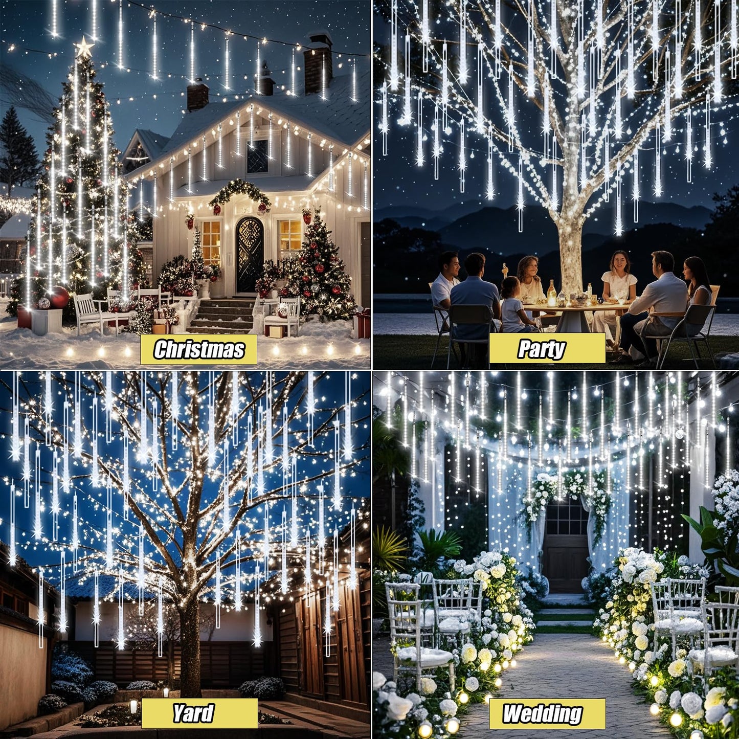 Adecorty Christmas Lights Outdoor, Meteor Shower Light 8 Tubes 192LED UL Certified Snow Falling Rain Cascading Icicle Lights for Xmas Tree Christmas Decorations Outdoor Wedding Party Window, White