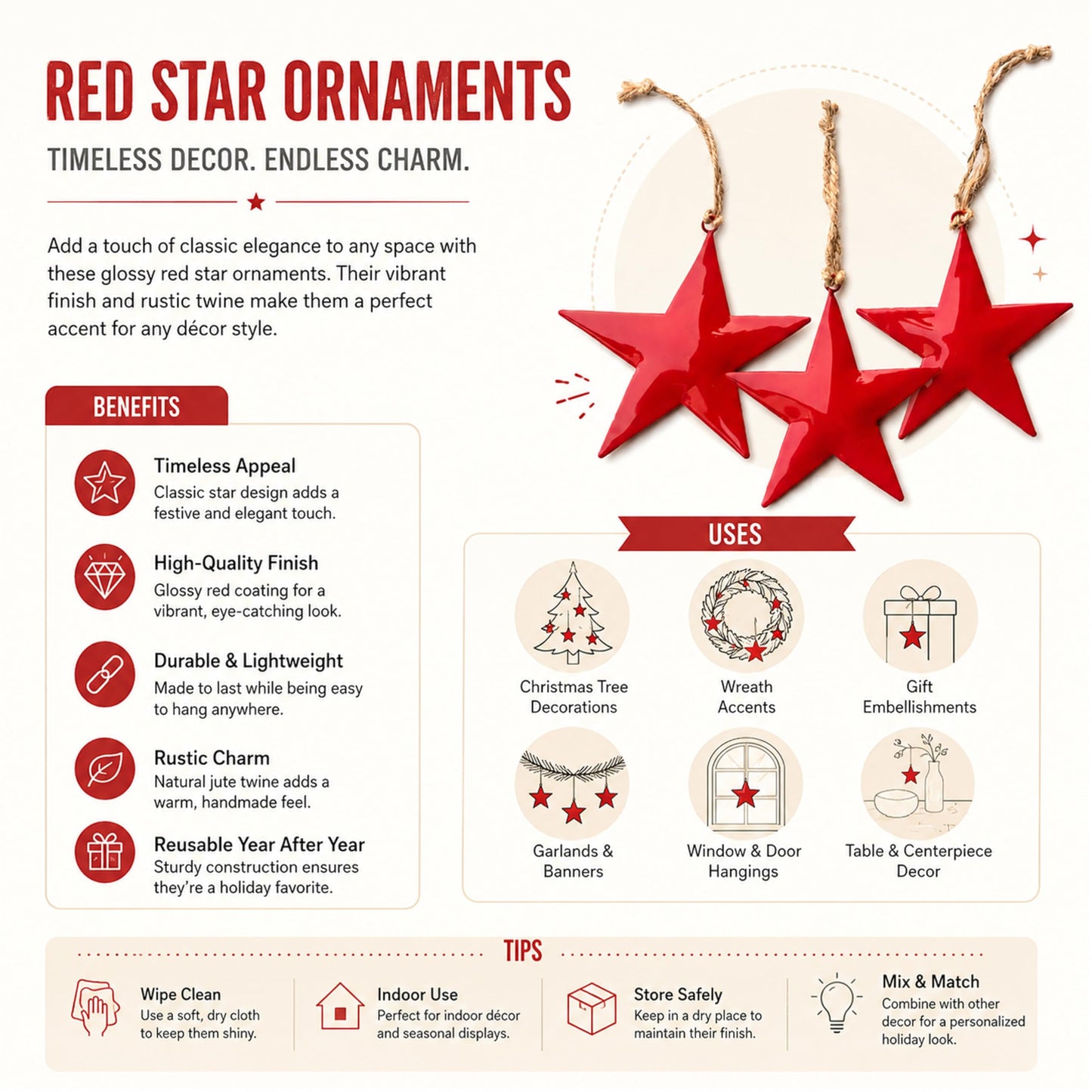Hanging Star Wall Decor Set of 3 – Red Metal Hanging Star with Rope – Farmhouse Rustic Home & Christmas Decoration for Door, Wall & Window (5 x 5 x 10.2 Inches) (Red)