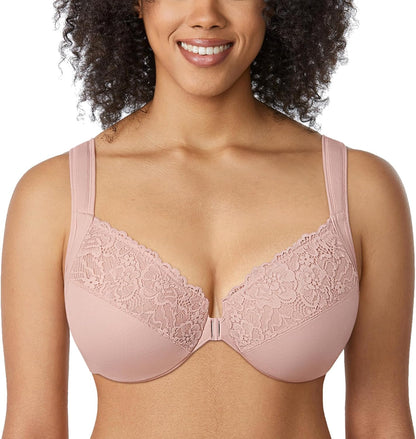 DELIMIRA Women's Front Closure Plus Size Full Coverage Lace Underwire Racerback Bra
