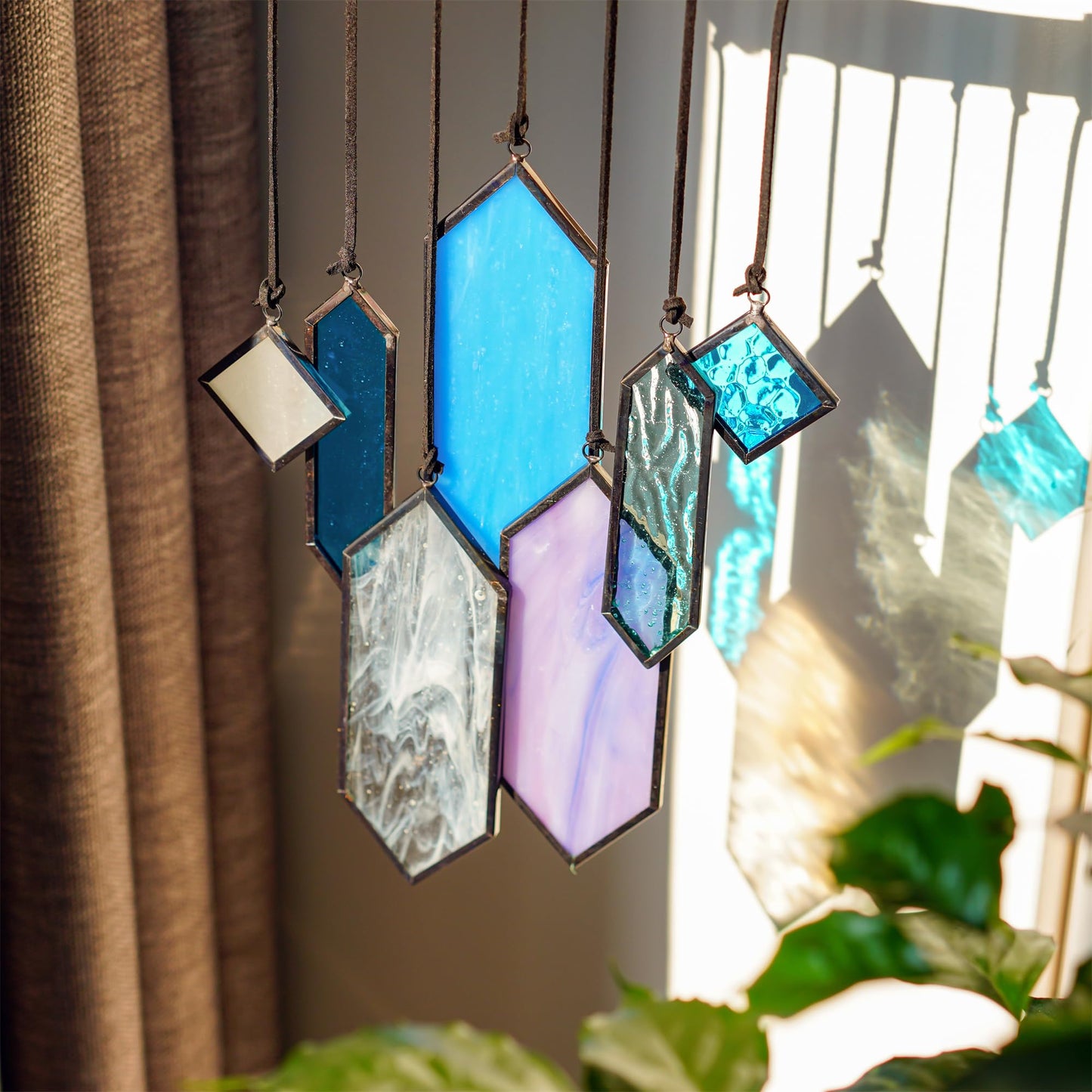 HDCRYSTALGIFTS Stained Glass Window Hanging Suncatchers - 7 Pieces Handcrafted Element Earth Tones Panel Set,Modern Blue Wall Art Sun Catchers Indoor Window Home Garden Decor