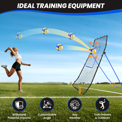 BAGAIL Volleyball Rebounder Net 7x4 Ft, Bounce Back Training Equipment with Unique Curved Frame for Better Catching, 5 Adjustable Angles for Volleying & Spiking, Easy Set Up & Sturdy Base - Blue