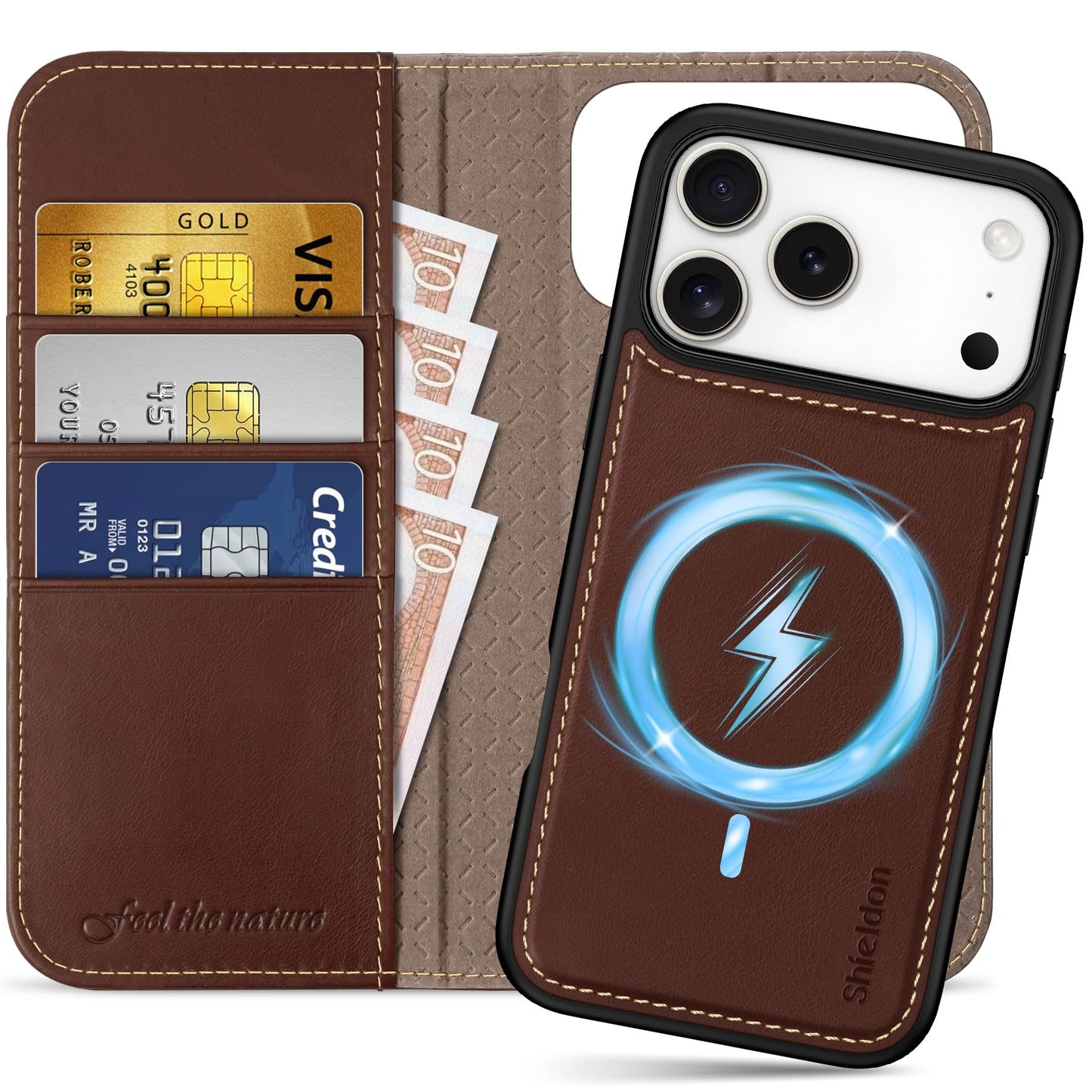 SHIELDON Detachable Leather Wallet Case for iPhone 17 Pro Max 6.9" 2025 | Wireless Charging, Removable Flip Magnetic Cover, RFID Blocking Credit Card Holder, Kickstand, Full Protection - Retro Coffee
