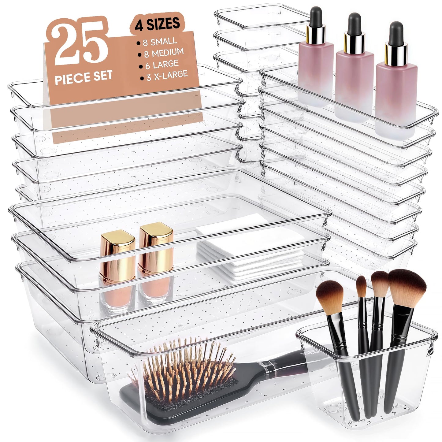 Trotianingyu Clear Acrylic Drawer Organizers Set Storage for Makeup, Office Desk Small Vanity Trays for Drawer Bathroom Plastic Make up Organizers 25 Pcs