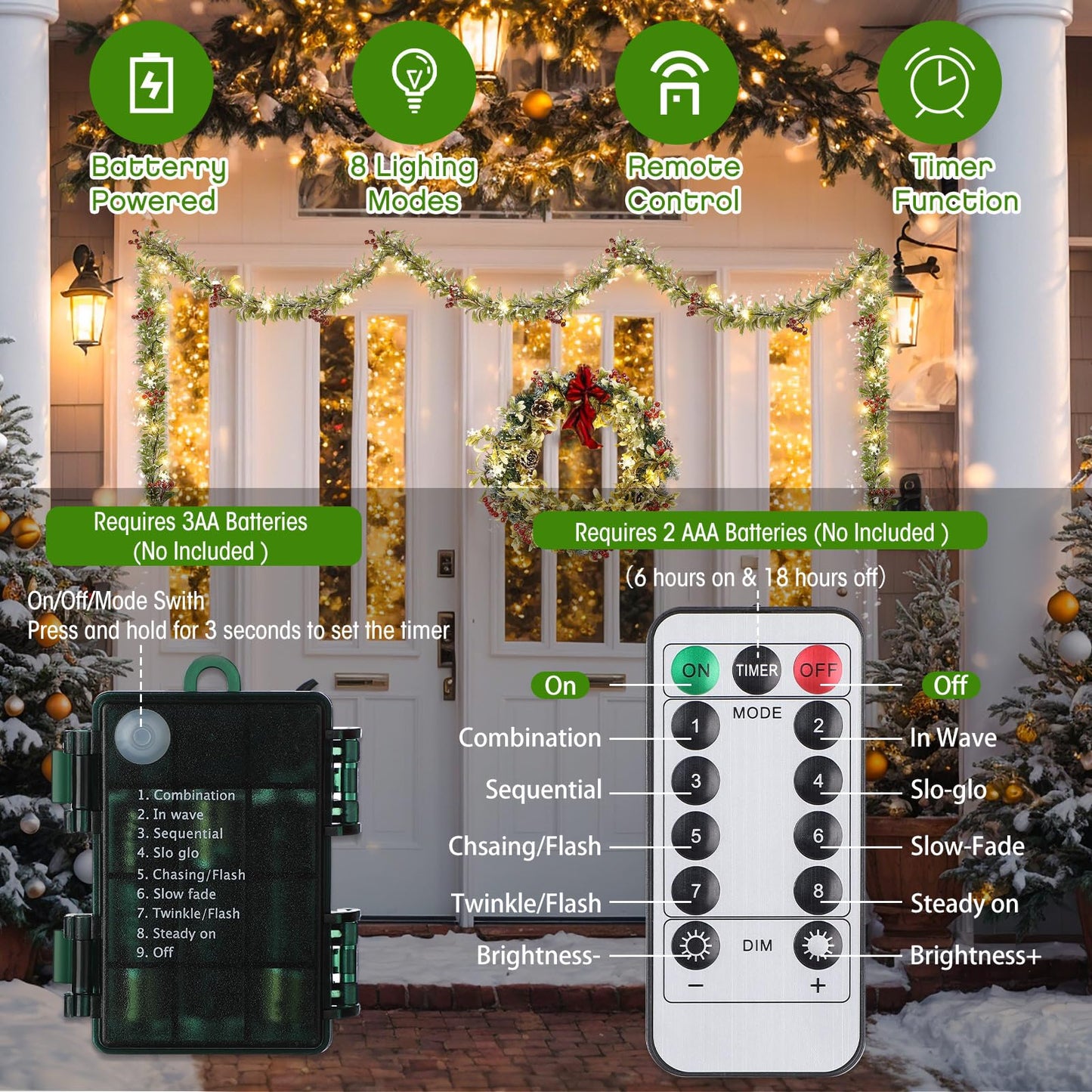 Ganeen 6 ft Christmas Light up Garland Prelit Snowy Olive Garland with 20 LED Battery Operated Lighted Olive Branch with Snowflake Berries Timer Remote for Xmas Winter Decor(Red Berries,Flocked)