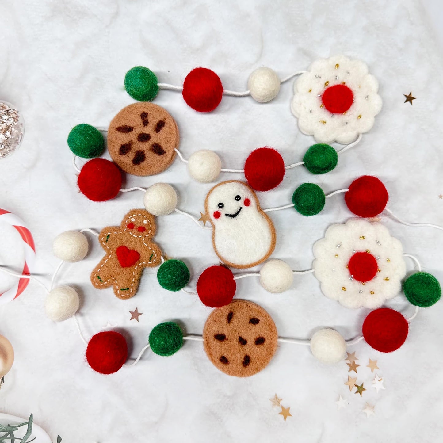Wool Felt Christmas Decorations Clearance Garland Red Green White Wool Felt Balls Pom Pom Garland Gingerbread Man Snowman Banner Bunting for Xmas Home Fireplace Windows Indoor Outdoor Christmas Decor