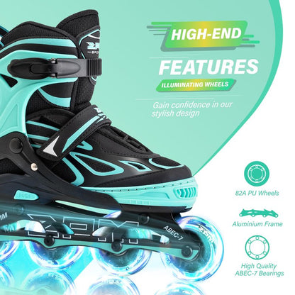2PM SPORTS Vinal Girls Adjustable Flashing Inline Skates, All Wheels Light Up, Fun Illuminating Skates for Kids Women and Men Adults Boys - Mint Extra Large