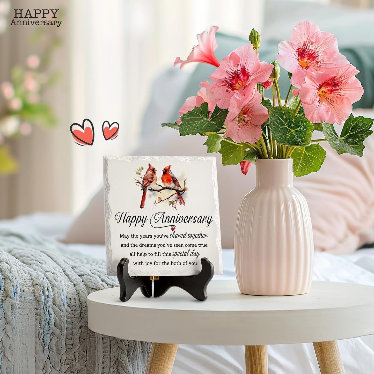 LukieJac Anniversary Couples Gifts - Cardinal Ceramic Plaque - Happy Anniversary Presents for Couples - Romantic Wedding Celebrate Keepsake Desk Decorations Christmas Gift