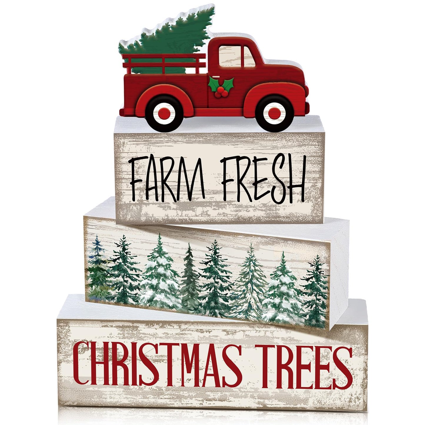 Lineshading 4 Pcs Christmas Decor Wooden Red Truck Winter Tiered Tray Decor Rustic Merry Christmas Table Centerpiece Wood Red Truck Block Sign Gift Farmhouse for Home Kitchen Tabletop Office Shelf