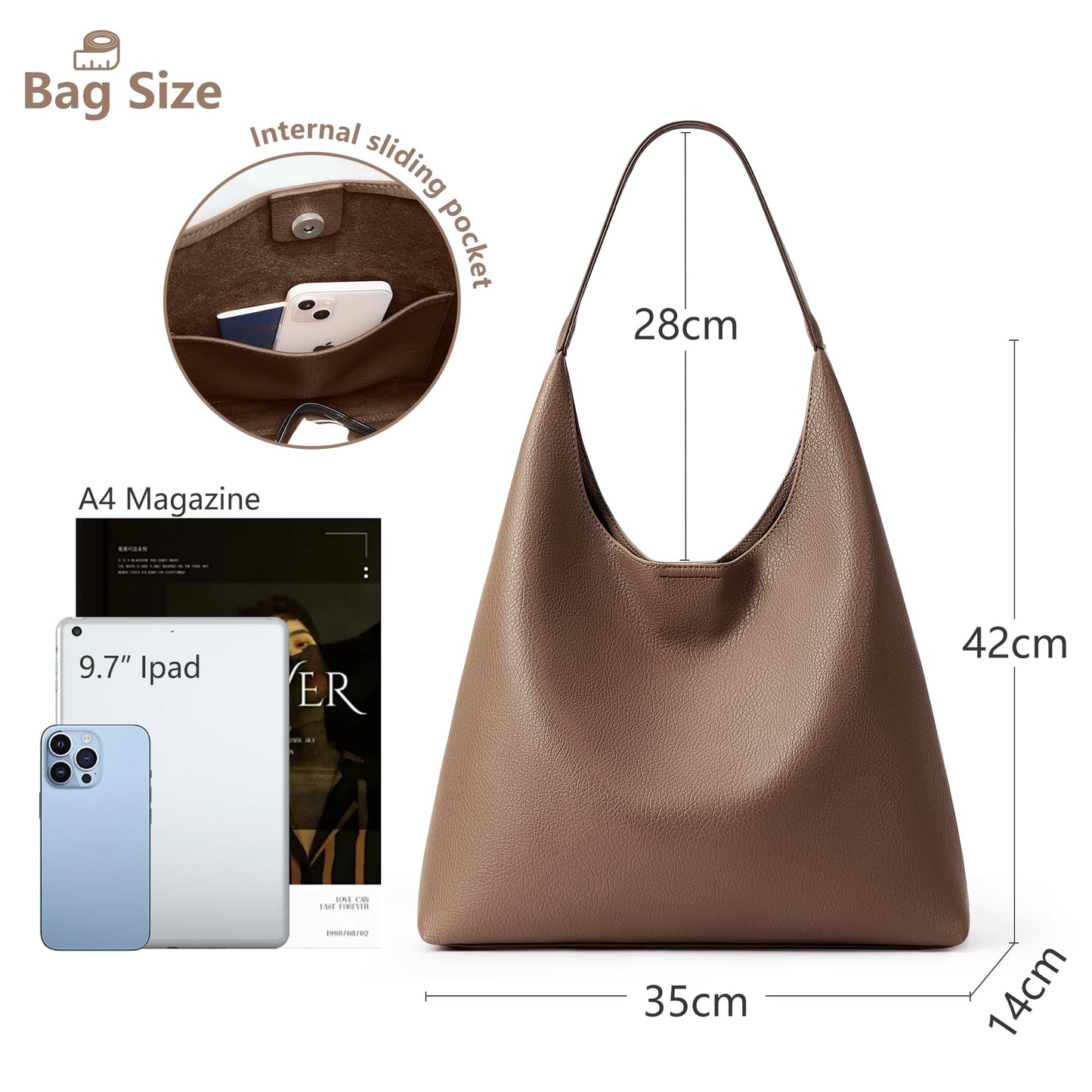 KALIDI Slouchy Hobo Bag Vegan Leather Suede Tote Bag Weekender Shoulder for Women Casual Travel Purse, Coffee